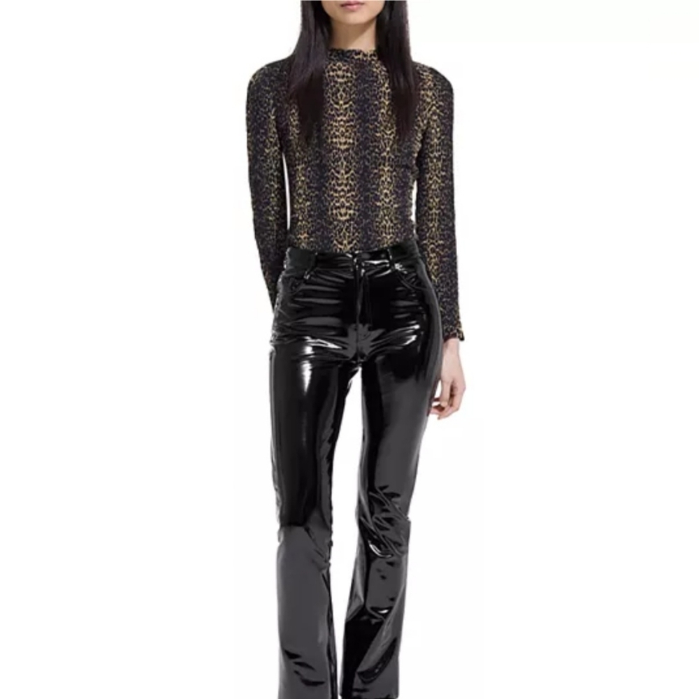 The Kooples Leo Print Long Sleeve Shirt With Ruffled Collar & Wrist- Black &Gold